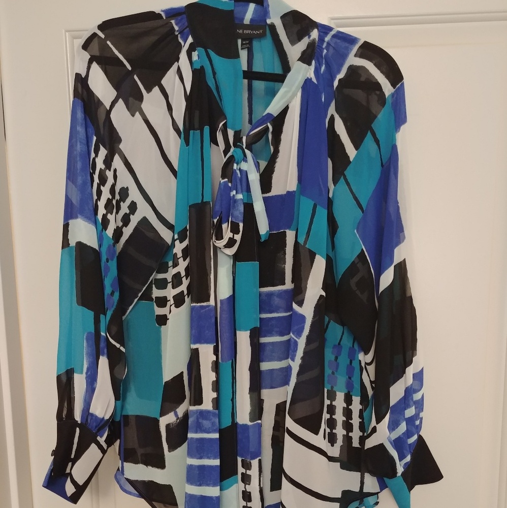 Sheer 18/20 Watercolor Pussy Bow Blouse